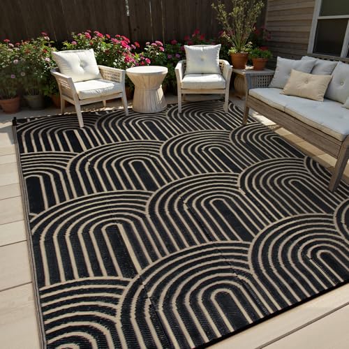 Lahome Black Outdoor Rugs 8x10 Waterproof,Boho Outdoor Porch Rug for Camping, Plastic Straw Stain Resistant Mats for Outside Rv Beach Backyard Garden Under Awning(Black,8'x10') - color: Black-rainbow, size: 8' x 10' (Rectangular)