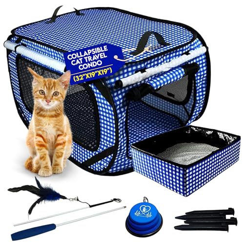 Pet Fit For Life Extra Large Cat Carrier for Travel - Foldable & Portable Collapsible Kennel with Litter Box, Feather Toy & Water/Food Bowl - Ideal for Cars, Long Trips & Indoor Cats - Blue Checkers - color: Blue