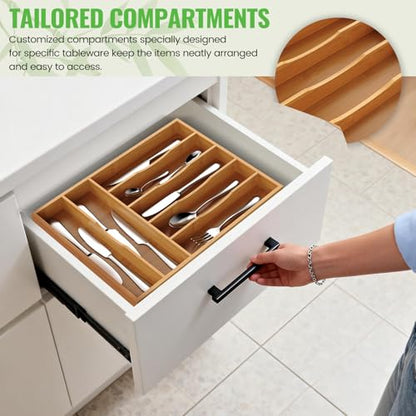 Bamboo Silverware Organizer, 12 Inch Bamboo Kitchen Drawer Cutlery Organizer, Utensil Holder, Flatware Organizer Tray (15.8"x11.9"x1.6") - size: Large