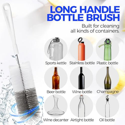 Holikme 10 Pack Bottle Brush Cleaner Set, 15" Long Handle Bottle Cleaner Brush, Flexible Long Handle Water Bottle Brush for Narrow Neck Beer Wine, 8 Straws, Abrasive Spiral Brushes, White Grey