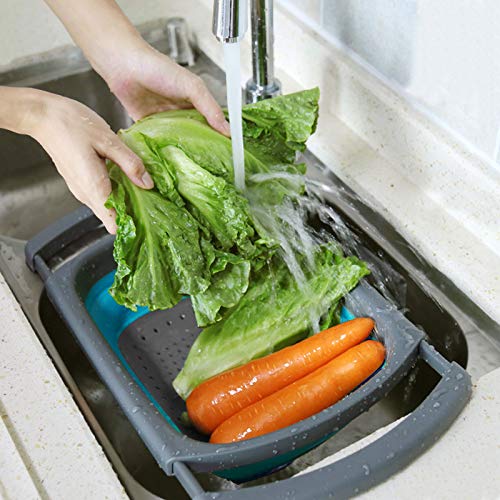 QiMH Collapsible Colander Set of 3-2 PC 4 Quart and 1 PC 6 Quart Over the Sink Colander - Food-Grade Sturdy Plastic Base - Round Space-save Silicone Kitchen Foldable Food Strainer - color: blue,orange,green