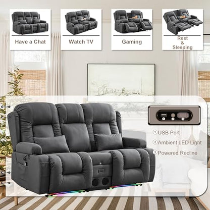 TUNYI Power Loveseat Recliner Sofa with Massage & Heat Home Theater Seating with Console RV Recliner Loveseat Sofa with USB/Storage/Side Pocket/LED Light/Speaker (Dark Grey, Loveseat) - color: Dark Grey, size: 2 Seat