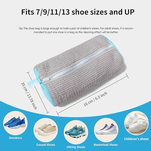 Shoe Washing Machine Bag for Cleaning, 2 360°Protect Sneaker Laundry Bag for Shoes Reusable Durable Fibers Adjustable Washer Bag with Zipper for Tennis Gym Sneakers Shoe Dryer (Grey)