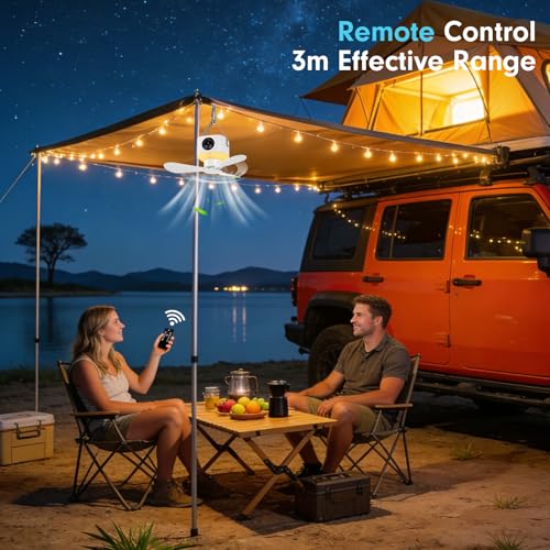 Portable Ceiling Fan with Lights Remote,USB Rechargeable Camping Fan,9.25" Wireless Tent Fan with 4 Speeds,Timer,Battery-Powered Ceiling Fan for RV,Truck,Rooftop Tent,Travel,Camping (White) - color: White
