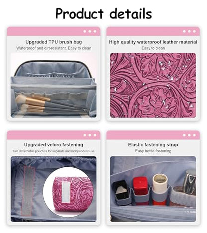 BOYATU Travel Makeup Bags Cosmetic Organizer Bag: 3 Pcs Set Large Capacity Floral Make up Bag with Compartments - Waterproof Leather Toiletry Bags with Handle for Women (20-Red) - color: 20-Red