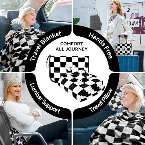 Travel Blanket and Pillow Compact, Premium Soft 2 in 1 Airplane Blanket with Soft Bag Pillowcase，Hand Luggage Sleeve and Backpack Clip (Checkered Black) - color: Checkered Black