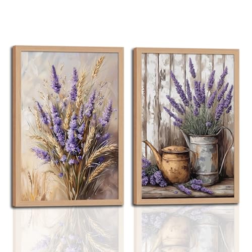 2Pcs Vintage Lavender and Wheat Flower Framed Canvas Wall Art, Modern Farmhouse Pictures Prints Artwork, Rustic Cottage Country Floral Paintings for Living Room Bedroom Bathroom Kitchen, 12x16in - color: Lavender and Wheat Flower, size: 12x16 Inches