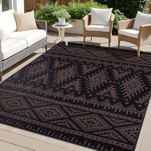 OLANLY Outdoor Rug Waterproof 10x14 ft, Reversible Outdoor Plastic Straw Rug, Boho Patio Rug, Indoor Outdoor Carpet, RV Mat Outside for Patio, Camp, Picnic, Balcony, Deck, Backyard, Black & Brown - color: Black & Brown, size: 10' X 14' (Rectangular)