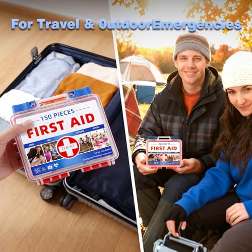 Mini First Aid Kit - 150 Pieces Emergency Medical Kit for Home, Car, Travel, Camping, Truck, Hiking, Sports, Office, Vehicle & Outdoor Emergencies - color: Red