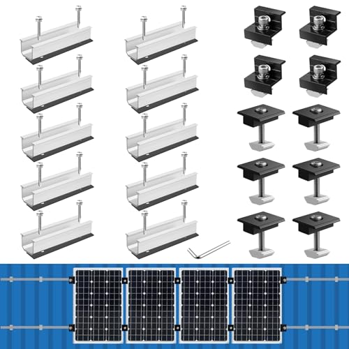 Anbte Solar Panel Mounting Kit for 4 Panels, 4.72 in Rails, Black & Silver | Included 10 x 4.72" Rails + 4 end Clamps + 6 Center Clamps + 1 Wrench, , Aluminum Solar Brackets for Roof, RV, Boat - color: Black &Silver, size: 4.72" Rails + 1.38"& 1.18" clamp