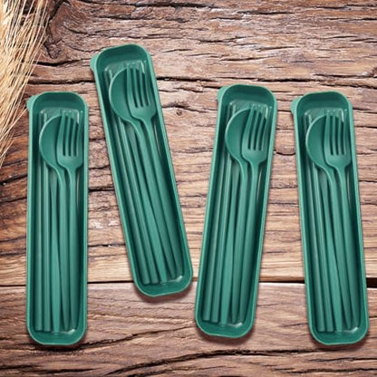 ELANE 4 Sets Reusable Travel Utensils Set with Case,Camping Cutlery Set Reusable Cutlery Set with Case,Utensil Sets for Lunch Picnic Daily Use Outdoor (darkgreen) - color: darkgreen