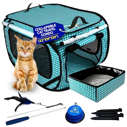 Pet Fit For Life Extra Large Cat Carrier for Travel - Foldable & Portable Collapsible Kennel with Litter Box, Feather Toy & Water/Food Bowl - Ideal for Cars, Long Trips & Indoor Cats - Teal Checkers - color: Teal