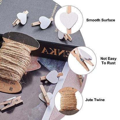 Pandahall 100pcs White Heart Clothespins Wooden Photo Paper Peg Pin Craft Clips with 10.9 Yards Natural Jute Twine for Paper Photo Display Hanging Home Party Wedding Decoration