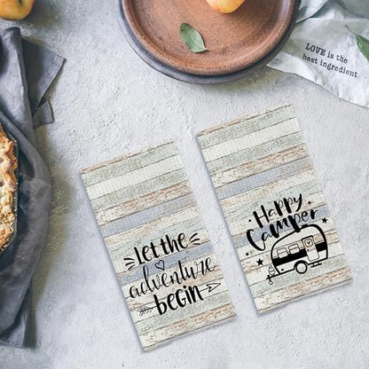 Rustic Camping Kitchen Towels Set of 2, Happy Camper Dish Towels, Hand Towels for RV, Decor and Gifts for Women, 16x24 Inch