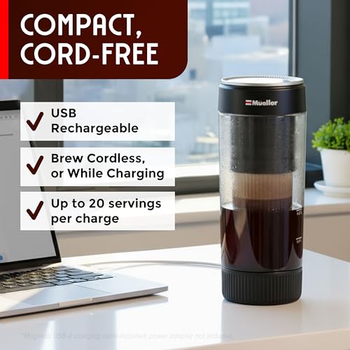 Mueller RapidBrew Cold Brew Iced Coffee Maker – 10 Min Fast Brew Portable Rechargeable Cold Brew Machine for Coffee & Tea – Adjustable Strength 10-99 Min – 20 Servings Per Charge, Black Coffee - color: Black