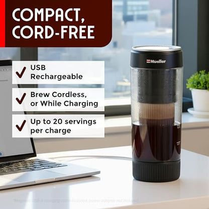 Mueller RapidBrew Cold Brew Iced Coffee Maker – 10 Min Fast Brew Portable Rechargeable Cold Brew Machine for Coffee & Tea – Adjustable Strength 10-99 Min – 20 Servings Per Charge, Black Coffee - color: Black