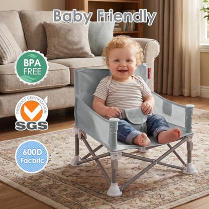 Tiny Marvels Baby Chair, Portable & Foldable for Travel & Beach, Ages 6M-3Y | BPA-Free Material, 3-Point Harness, 3-in-1 Baby Chair, Removable Tray & Carry Bag, Sturdy with Reinforcement, Non-Slip Feet - color: Grey