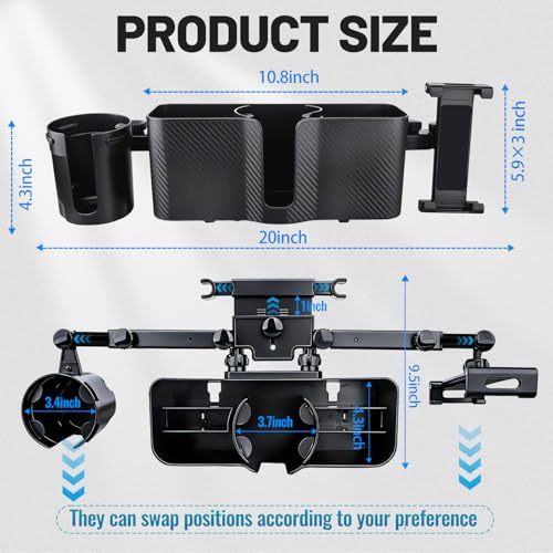 Car Headrest Backseat Storage Box with 2 Cup Holders, Back Seat Car Organizer 5"-13" Tablet Phone Holder with Hook, Adjustable 3-in-1 Multifunctional Car Essential Food Tray for Travel Accessories