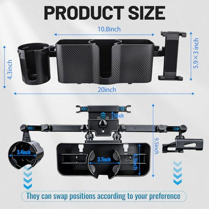 Car Headrest Backseat Storage Box with 2 Cup Holders, Back Seat Car Organizer 5"-13" Tablet Phone Holder with Hook, Adjustable 3-in-1 Multifunctional Car Essential Food Tray for Travel Accessories