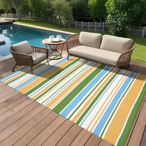 GAOMON 9x18 Outdoor Rug Waterproof for Patio Plastic Straw Large Rug Geometric Stripe Outdoor Area Rug Modern Lines Outdside Camping Rugs for RV Porch Deck Backyard Balcony, Yellow Blue Green White - color: Geometric Stripes| Yellow Blue Green White, size