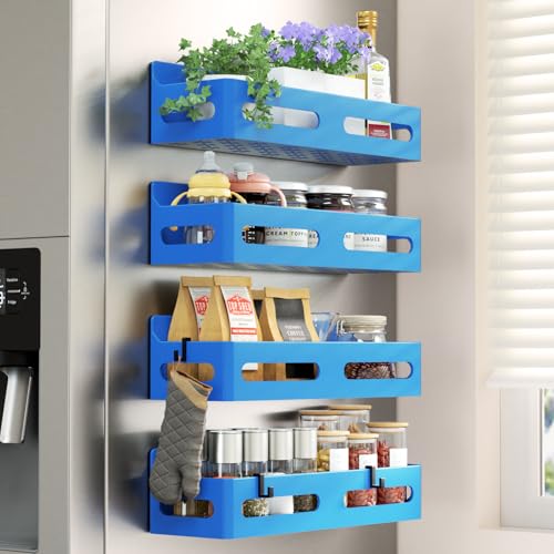 Sevenblue 4 Pack Strong Magnetic Spice Rack for Refrigerator, Multipurpose Magnetic Shelf for Fridge with 4 Hooks for kitchen and Bathroom Organization, Blue - color: Blue, size: 4 Pack