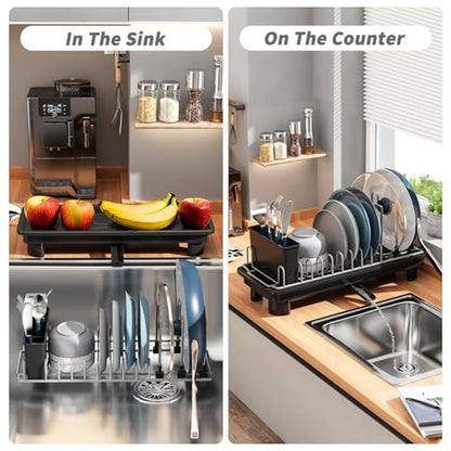 SanDream Small Dish Drying Rack with Removable Utensil Holder & Anti-Scratch Base - Stainless Steel Dish Rack, Dish Drying Rack with Drainage & Space Saving Design for Kitchen Counter, Black - color: Black
