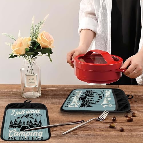 Retro Rustic Forest Camping Pot Holders with Pockets, I Just Want to Go Camping Oven Pot Holders Heat Resistant Oven Mitts Hot Pads for Kitchen Baking Cooking - color: Campfire-e