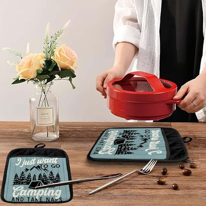Retro Rustic Forest Camping Pot Holders with Pockets, I Just Want to Go Camping Oven Pot Holders Heat Resistant Oven Mitts Hot Pads for Kitchen Baking Cooking - color: Campfire-e