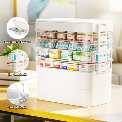 FOCHIER F 5-Tier Medicine Box Organizer Storage with Removable 6-Compartments Pill Organizer, Portable Medicine Container with Plastic Handle,First Aid Box Empty for Cabinet/Home/Travel