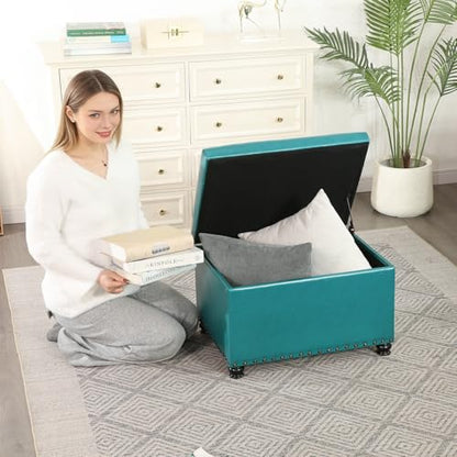 Joveco Leather Storage Ottoman, 24" Rectangle Tufted Upholstered Bench, Foot Rest Stool with Wood Legs, Footstool for Living Room, Bedroom - color: Teal Faux Leather