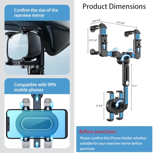 ILKCC Rearview Mirror Phone Holder for Car, 360° Rotating and Retractable Multifunctional Rear View Phone Mount, Upgraded Four Corners Fixed Anti-Shake Fit All Smartphones & Bigger Vehicle