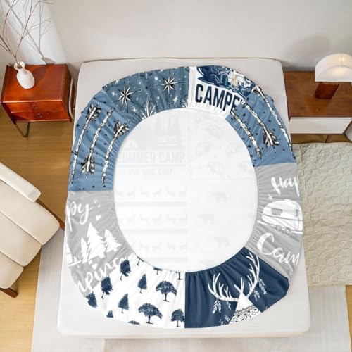 Happy Camping Fitted Sheet Queen Size for Boys Kids Teens, Camper Bedding Set, Rustic Farmhouse Style Fitted Bed Sheets, Sketch Drawing Camper Bedding, Camping Car Sheet with Deep Pocket, Blue - color: Multi 0218, size: Queen (No Top/Flat Sheet)
