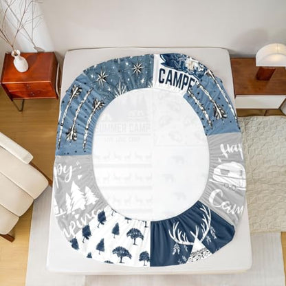 Happy Camping Fitted Sheet Queen Size for Boys Kids Teens, Camper Bedding Set, Rustic Farmhouse Style Fitted Bed Sheets, Sketch Drawing Camper Bedding, Camping Car Sheet with Deep Pocket, Blue - color: Multi 0218, size: Queen (No Top/Flat Sheet)