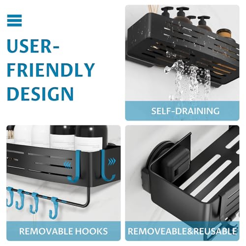 Onemake Shower Caddy Suction Cup,2-Pack Shower Shelf Organizer, Bathroom Suction Shelves with Portable Hooks, Shower Caddies Corner with Towel Bar,Matte Black - style: 2 Tier-Black Square Caddies