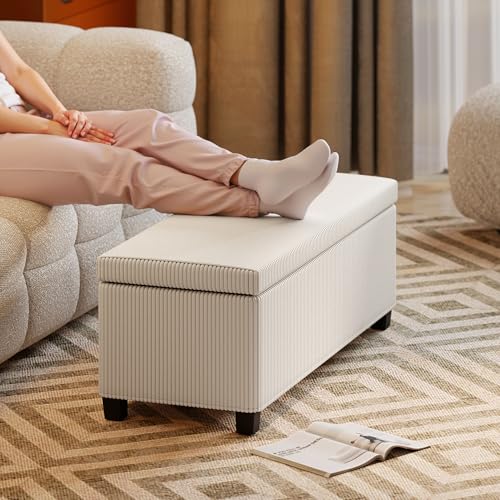 HOMCOM 44 Inches Storage Ottoman Bench, Foot Rest with Removable Lid, Legs, End of Bed Bench, Corduroy Storage Chest, Padded Seat, for Living Room, Bedroom, Entryway, Beige