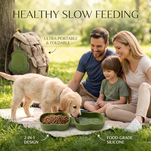 Collapsible Dog Travel Bowl with Lid, Portable Slow Feeder & Lick Mat Combo, Mess-Free Clamshell Silicone Water Dish for Hiking (Bluish) - color: bluish