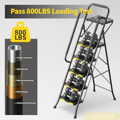 KINGRACK 5 Step Ladder, Sturdy Steel Step Stool with Anti-Slip Wide Pedals, Handrail, Safe-Lock Design, 800lbs Folding Portable Ladder for Multi-Purpose, Home, Kitchen - size: 5-Steps with tool tray