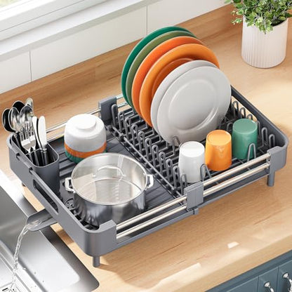 TOOLF Dish Drying Rack, Expandable Dish Rack for Kitchen Counter, Anti-Rust Dish Drainer, Sink Organization and Storage Essentials with Cutlery & Cup Holder, Gray - color: Gray