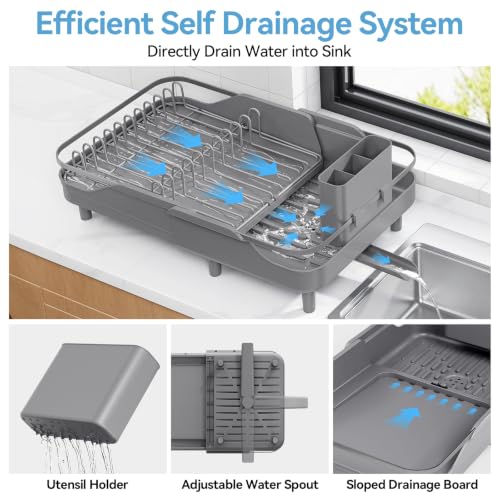 Urackify Expandable Dish Rack for Kitchen Counter,16.14"-23.62" Large Dish Drying Rack with Adjustable Water Spout, Space Saving Dish Drainer with Auto Draining Cutlery Holder, Matte Grey - color: Matte Grey