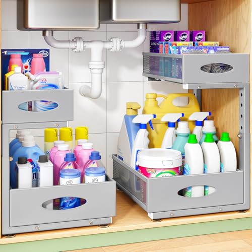 Under Sink Organizer, 1-Pack Pull Out Cabinet Organizer 2 Tier Metal Slide Out Storage Shelf Rack, L-Shaped Adjustable Height,Mesh Sliding Drawer for Kitchen, Bathroom, Laundry, Pantry, Grey, XL - color: Grey, size: 1-Pack