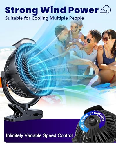10000mAh Clip on Fan, 8-Inch Golf Cart Fan Rechargeable with LED Light, 9 Speeds Strong Airflow, Ultra Quiet, 30Hrs Runtime, 360° Rotation, Cooling for Bed Camping Office Desk Dorm, Black