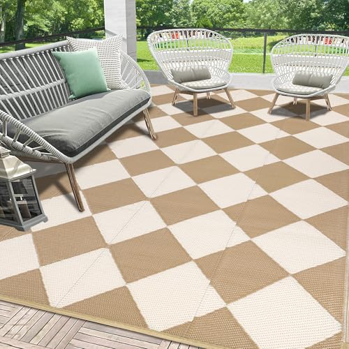 HEBE Checkered Outdoor Rug Waterproof 8x10, Reversible Plastic Straw Rug RV Camping Rug, Indoor Outdoor Patio Mat Clearance, Outside Carpet for Porch,Deck,Camper,Balcony,Backyard,Picnic - color: Beige/Brown, size: 8' x 10' (Rectangular)