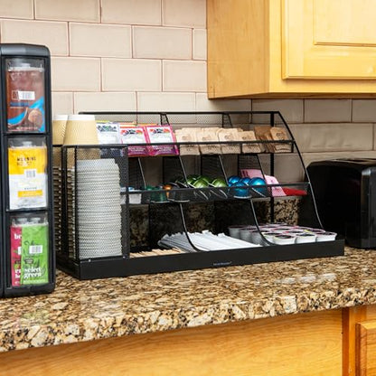 Mind Reader Cup and Condiment Station, Breakroom Countertop Organizer, 3-Tier Storage for Office Coffee Stations and Shared Spaces, Metal Mesh, Black - color: Black Metal