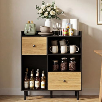Manora Narrow Small Coffee Bar Cabinet with Drawers, Wooden Mini Sideboard Buffet Cabinet with Storage, Compact Kitchen Island & Corner Island for Kitchen, Dining Room, Coffee Station, Black