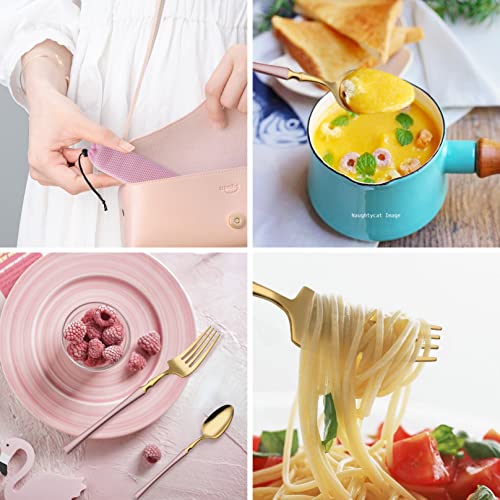 AARAINBOW 7 Pieces Stainless Steel Flatware Set Portable Reusable Cutlery Set Travel Utensils Set Including Chopsticks Knife Fork Spoon Straws Cleaning Brush Dishwasher Safe (B-Pink Golden) - color: B-Pink Golden