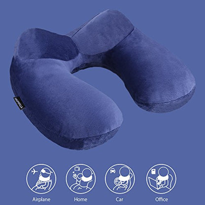 Inflatable Travel Pillow for Airplane, Soft Velvet Inflatable Travel Neck Pillow for Airplanes, Train, Car, Home and Office with Packsack & Comfortable Velvet - Blue - color: Blue