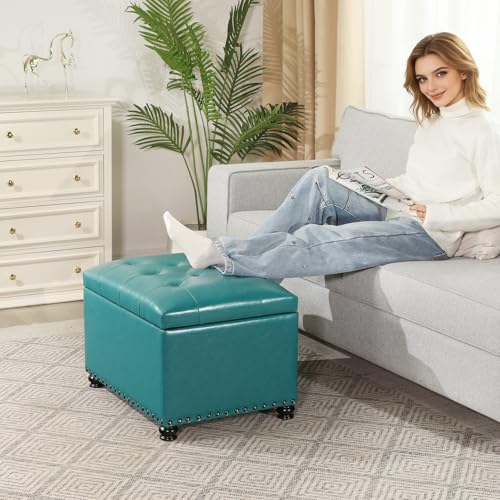 Joveco Leather Storage Ottoman, 24" Rectangle Tufted Upholstered Bench, Foot Rest Stool with Wood Legs, Footstool for Living Room, Bedroom - color: Teal Faux Leather