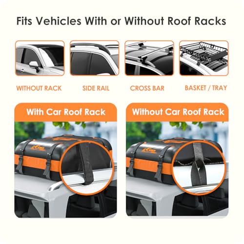 Car Rooftop Cargo Carrier Bag 20 Cubic Feet, 100% Waterproof Heavy Duty Car Roof Bag for All Vehicle with/Without Racks - Anti-Slip Mat, 6 Door Hooks, Storage Bags, 5CM Straps(Orange)