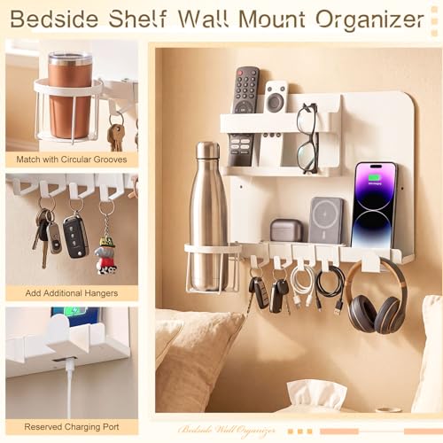Novabright White 13 x 10 Inch Bedside Wall Organizer for Bedroom, Large Metal Floating Bedside Shelf Wall Mount Storage for Phone Remote Control Cup Holder Dorm Room, Rv, Small Room Accessories