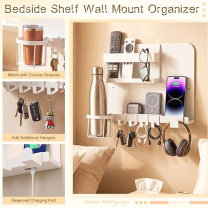 Novabright White 13 x 10 Inch Bedside Wall Organizer for Bedroom, Large Metal Floating Bedside Shelf Wall Mount Storage for Phone Remote Control Cup Holder Dorm Room, Rv, Small Room Accessories